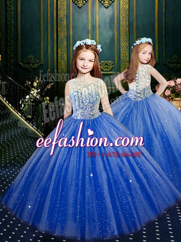  Scoop Blue Sleeveless Tulle Clasp Handle Pageant Dress Toddler for Party and Wedding Party