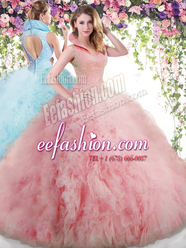 Hot Selling Floor Length Ball Gowns Sleeveless Baby Pink Quinceanera Gown Backless
