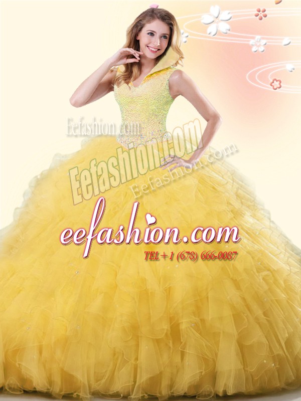 Pretty Yellow Tulle Backless High-neck Sleeveless Floor Length Quinceanera Dress Beading and Ruffles