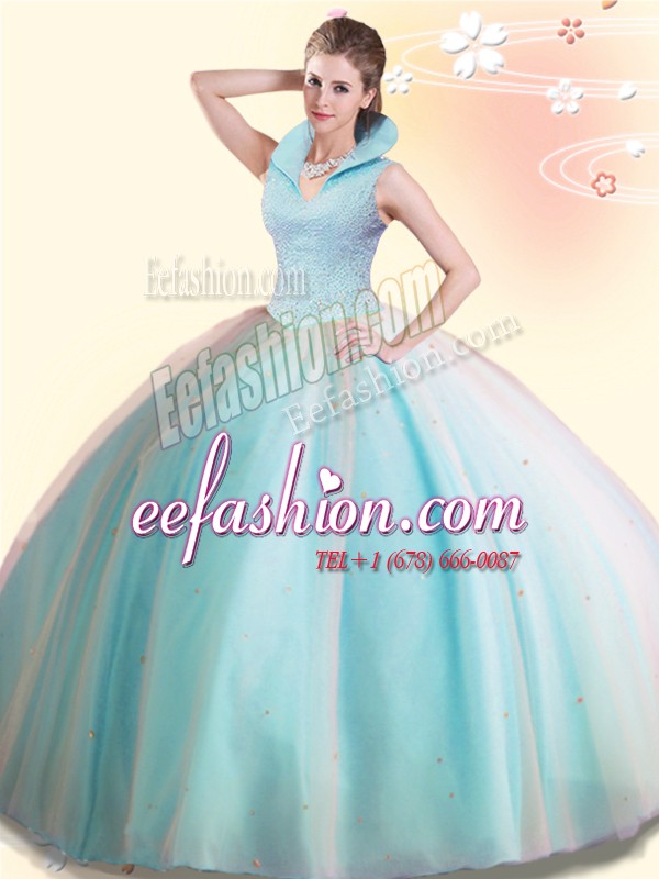  Floor Length Backless Quinceanera Gowns Aqua Blue for Military Ball and Sweet 16 and Quinceanera with Beading