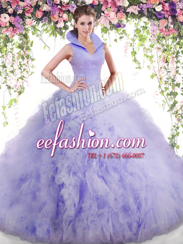 Colorful High-neck Sleeveless Backless 15th Birthday Dress Lavender Tulle