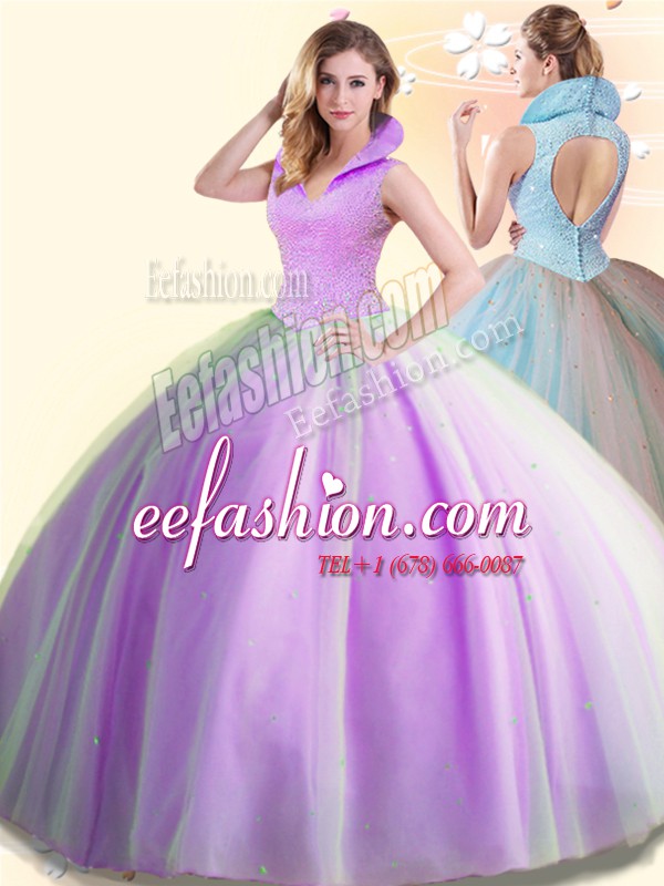  Lilac High-neck Neckline Beading Quince Ball Gowns Sleeveless Backless