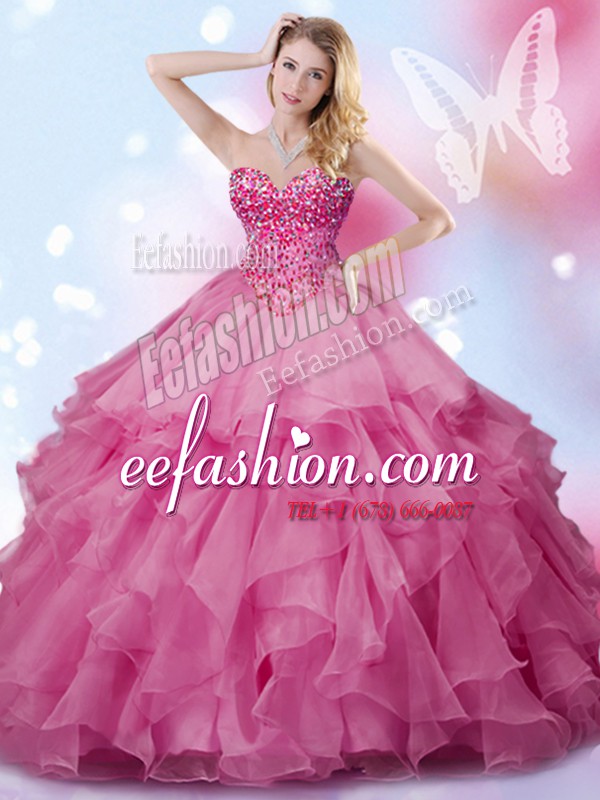  Rose Pink Ball Gowns Organza Sweetheart Sleeveless Beading Floor Length Lace Up Sweet 16 Quinceanera Dress