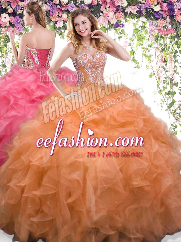 Eye-catching Sleeveless Floor Length Beading and Ruffles Lace Up Ball Gown Prom Dress with Orange