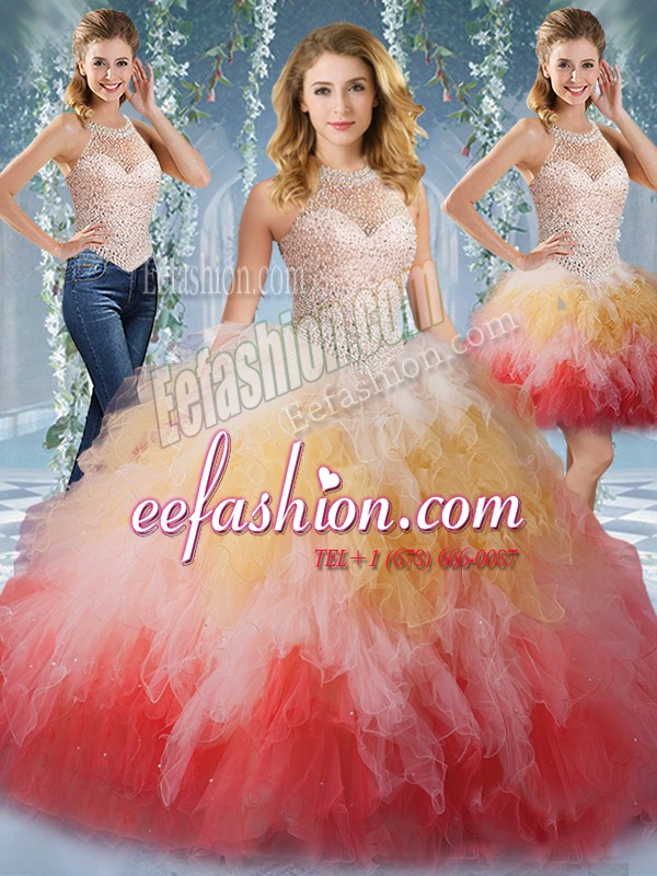  Halter Top Multi-color Sleeveless Beading and Ruffles Floor Length Sweet 16 Dress