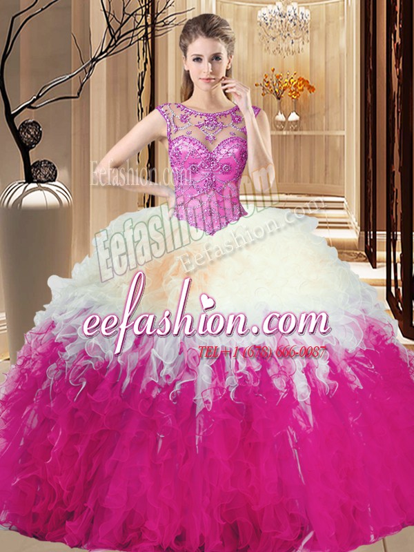  Multi-color Ball Gowns Scoop Sleeveless Tulle Floor Length Lace Up Beading Quinceanera Dress