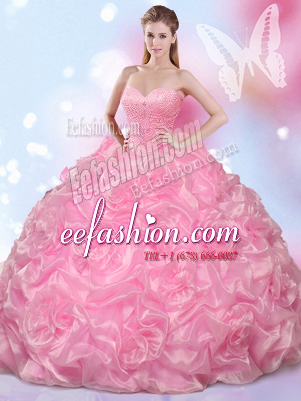  Rose Pink Lace Up Sweet 16 Quinceanera Dress Beading Sleeveless Floor Length