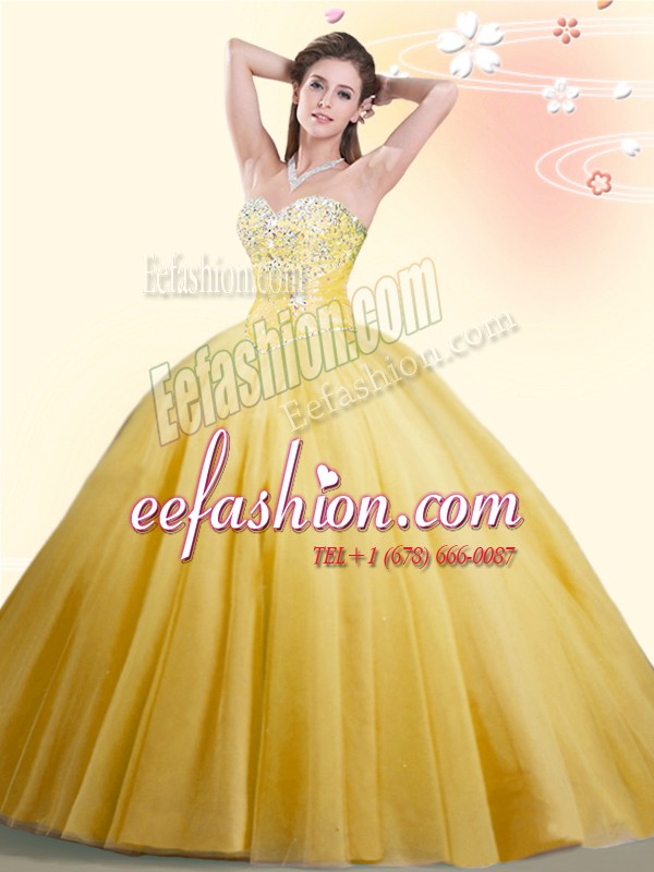  Beading Quinceanera Gowns Gold Lace Up Sleeveless Floor Length