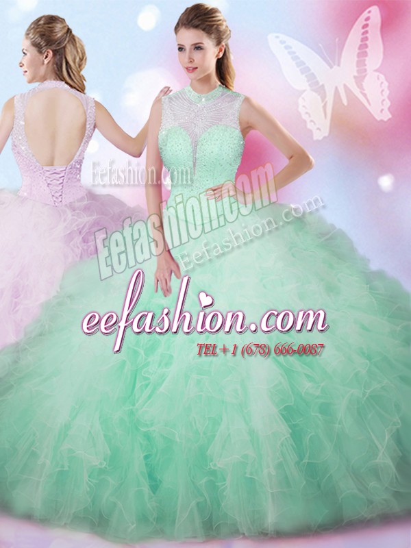  Tulle Sleeveless Floor Length Quinceanera Gowns and Beading and Ruffles