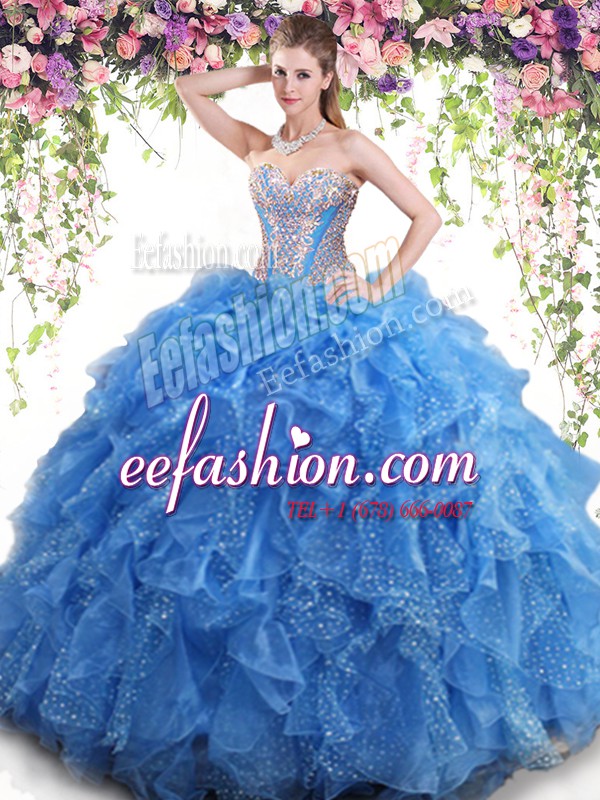 Decent Mermaid Sleeveless Floor Length Beading and Ruffles Lace Up Sweet 16 Quinceanera Dress with Aqua Blue