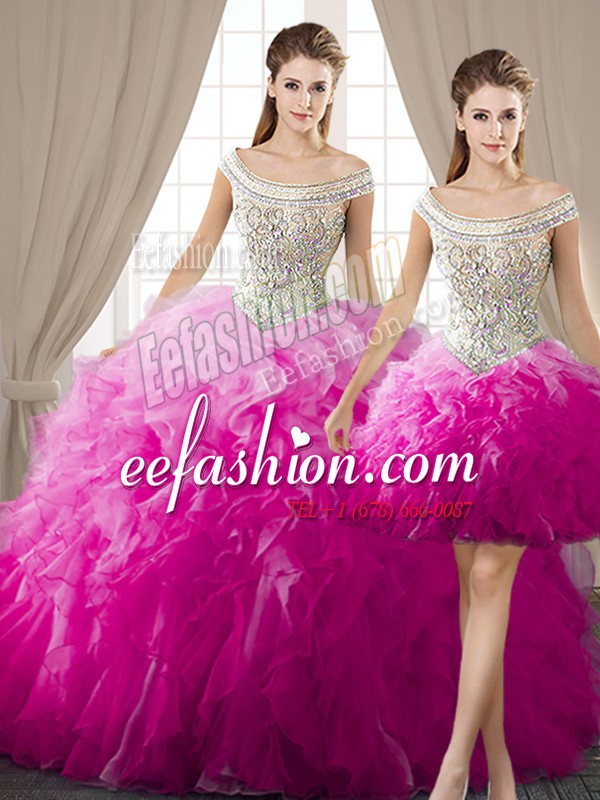 Dynamic Three Piece Off the Shoulder Fuchsia Lace Up Sweet 16 Dress Beading and Ruffles Sleeveless Floor Length