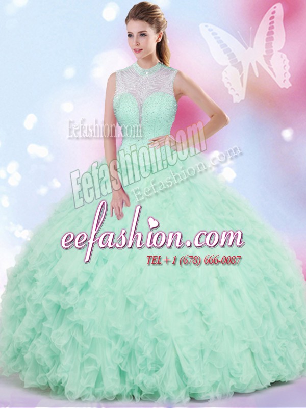 Gorgeous Apple Green Quinceanera Gowns Military Ball and Sweet 16 and Quinceanera and For with Beading and Ruffles High-neck Sleeveless Lace Up