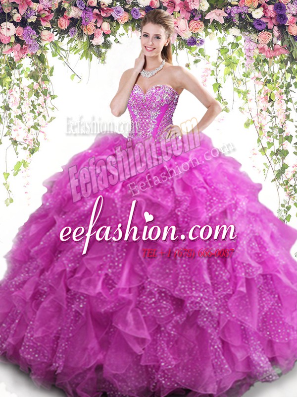 Amazing Floor Length Lace Up Quinceanera Gowns Fuchsia for Military Ball and Sweet 16 and Quinceanera with Beading and Ruffles
