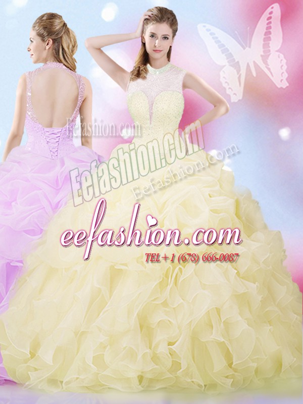 Eye-catching High-neck Sleeveless Organza Vestidos de Quinceanera Beading and Ruffles and Pick Ups Lace Up