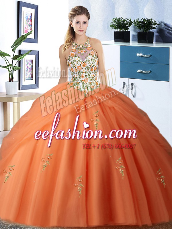 Stylish Halter Top Sleeveless Lace Up Floor Length Embroidery and Pick Ups 15th Birthday Dress