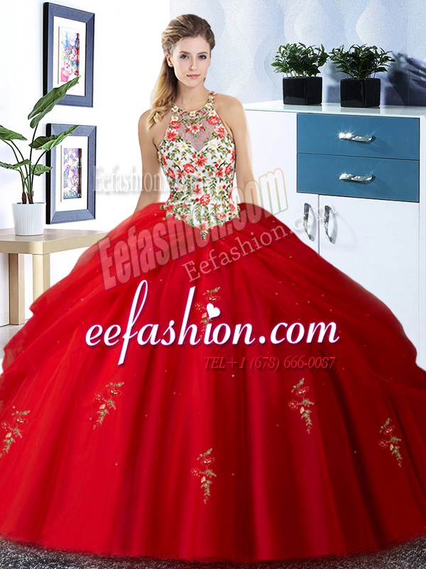  Red Ball Gowns Halter Top Sleeveless Tulle Floor Length Lace Up Embroidery and Pick Ups Quinceanera Dress