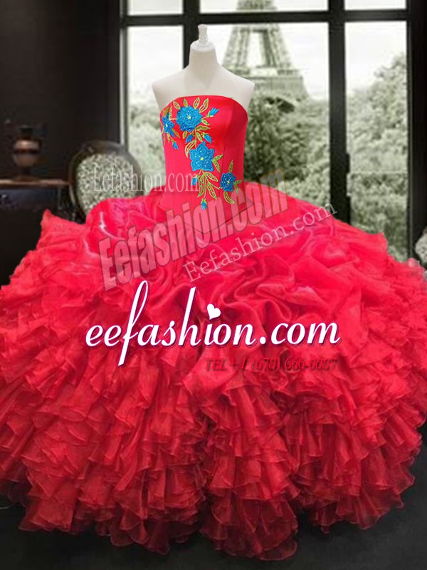 Captivating Red Sleeveless Embroidery and Ruffles Floor Length Quinceanera Dresses