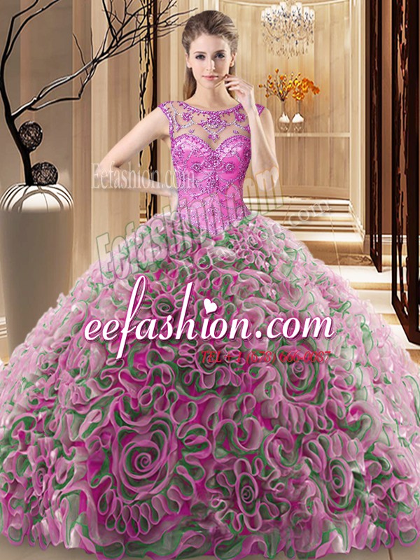 Scoop Multi-color Quinceanera Gowns Fabric With Rolling Flowers Sweep Train Sleeveless Beading