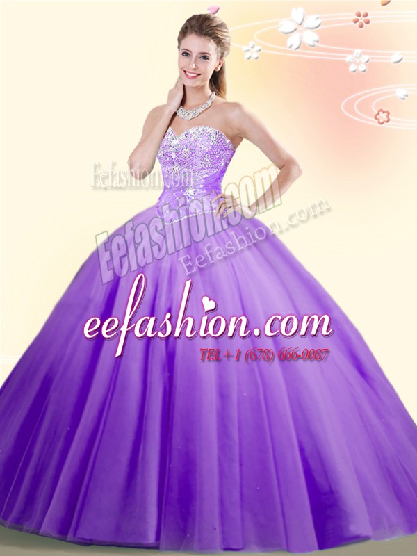 Low Price Sleeveless Floor Length Beading Lace Up Sweet 16 Quinceanera Dress with Lilac