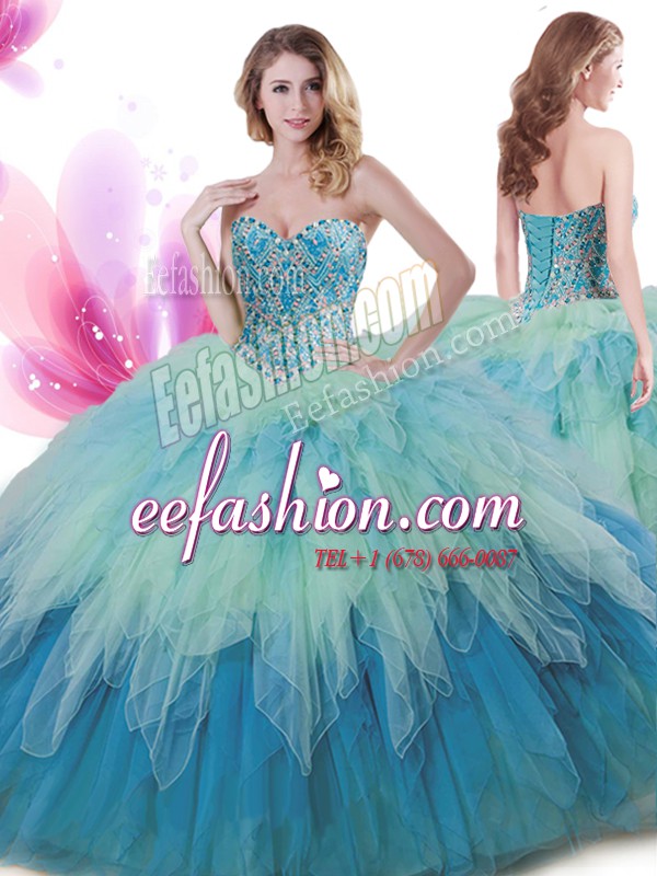 Custom Designed Floor Length Multi-color Sweet 16 Dress Sweetheart Sleeveless Lace Up