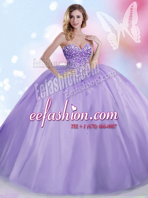Gorgeous Sleeveless Floor Length Beading Lace Up Quinceanera Gown with Lavender