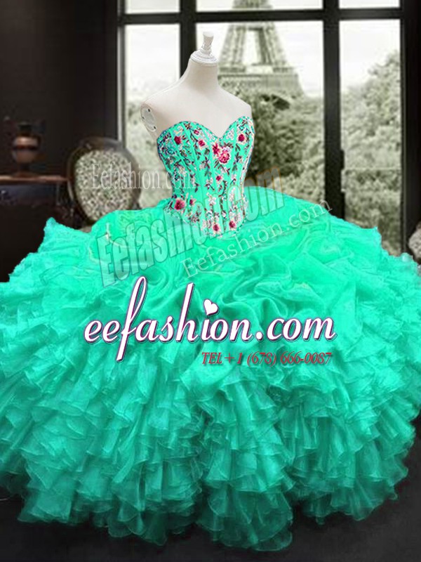Designer Organza Sweetheart Sleeveless Lace Up Embroidery and Ruffles Quince Ball Gowns in Turquoise