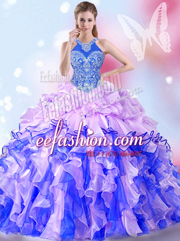 Wonderful Halter Top Multi-color Lace Up Sweet 16 Dresses Beading and Ruffles and Pick Ups Sleeveless Floor Length