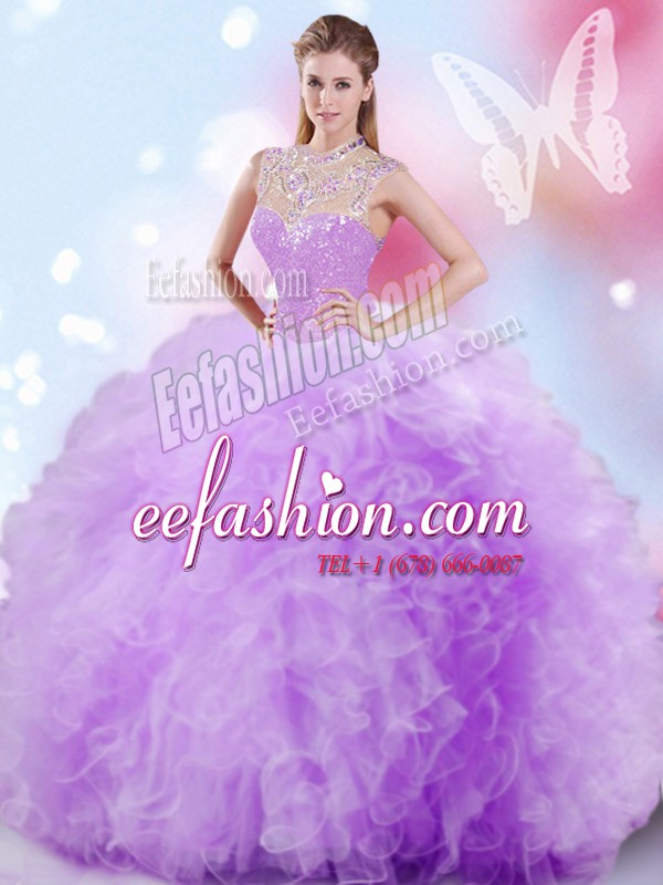  Sleeveless Tulle Floor Length Zipper Sweet 16 Dress in Lavender with Beading and Ruffles and Sequins