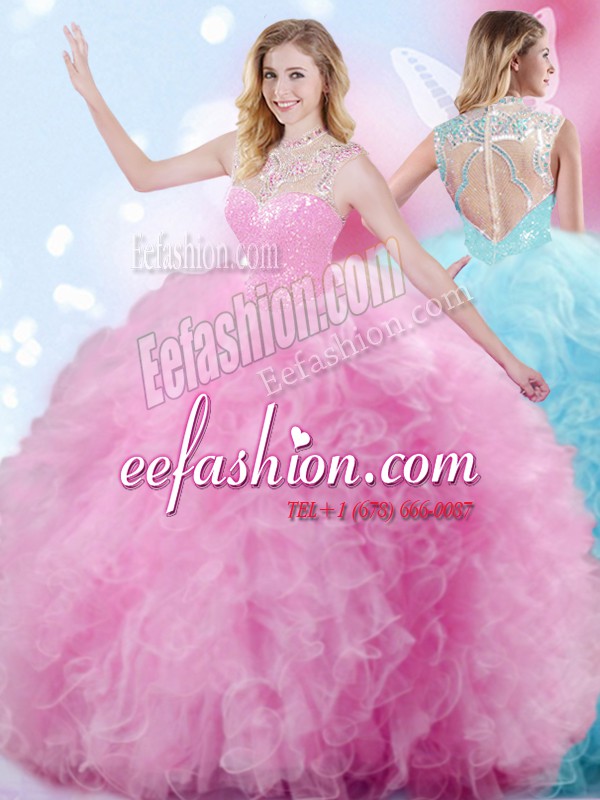 Eye-catching Tulle Sleeveless Floor Length Vestidos de Quinceanera and Beading and Ruffles and Pick Ups