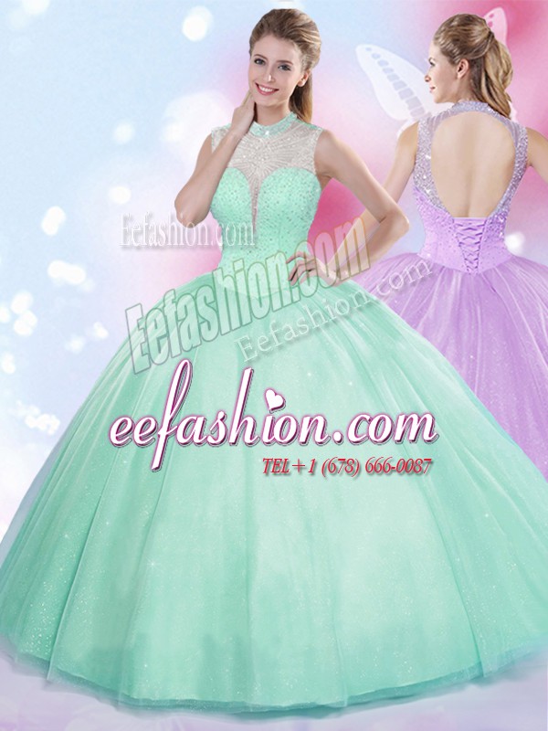  Tulle High-neck Sleeveless Lace Up Beading Vestidos de Quinceanera in Apple Green