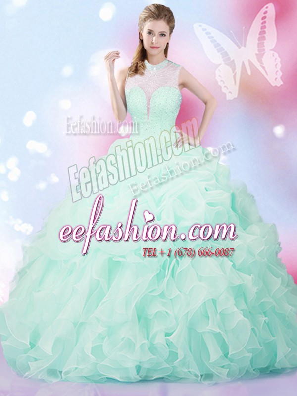  Apple Green Lace Up Sweet 16 Quinceanera Dress Beading and Ruffles and Pick Ups Sleeveless Floor Length