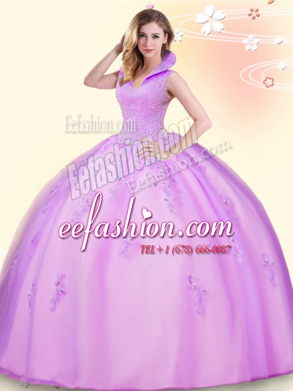 High Quality Backless Tulle Sleeveless Floor Length Quinceanera Gown and Beading and Appliques