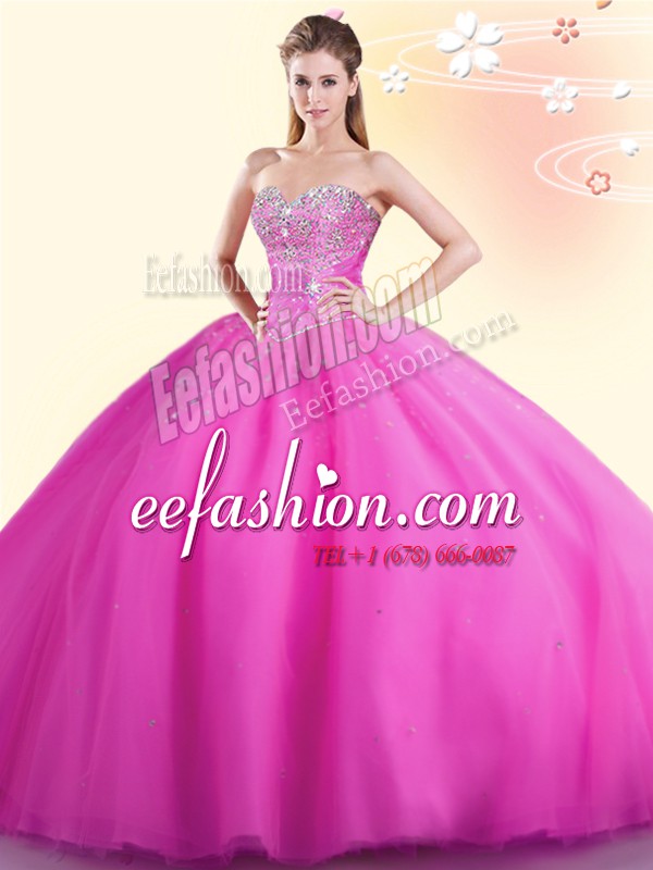  Hot Pink Sleeveless Tulle Lace Up Ball Gown Prom Dress for Military Ball and Sweet 16 and Quinceanera