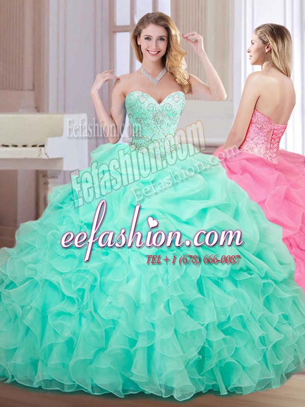  Sweetheart Sleeveless Quinceanera Dress Floor Length Beading and Ruffles and Pick Ups Apple Green Organza