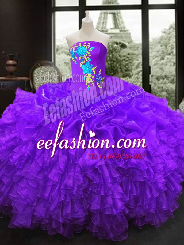 Customized Purple Ball Gowns Organza Strapless Sleeveless Embroidery Floor Length Lace Up Quinceanera Dress