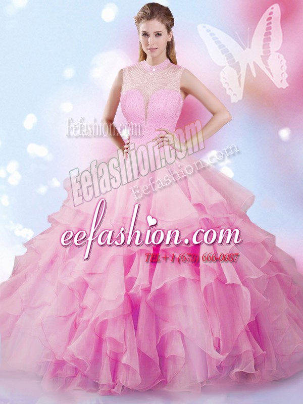  Floor Length Ball Gowns Sleeveless Rose Pink 15th Birthday Dress Lace Up