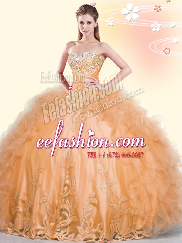  Floor Length Lace Up Quinceanera Gown Orange for Military Ball and Sweet 16 and Quinceanera with Beading and Appliques and Ruffles