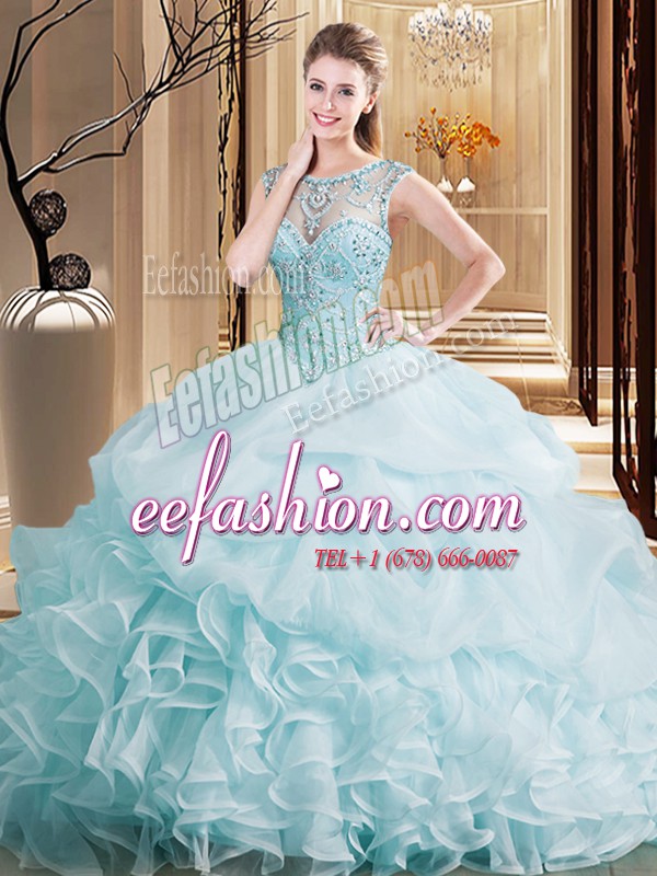 Fantastic Light Blue Ball Gown Prom Dress Military Ball and Sweet 16 and Quinceanera and For with Beading and Ruffles and Pick Ups Scoop Sleeveless Brush Train Lace Up
