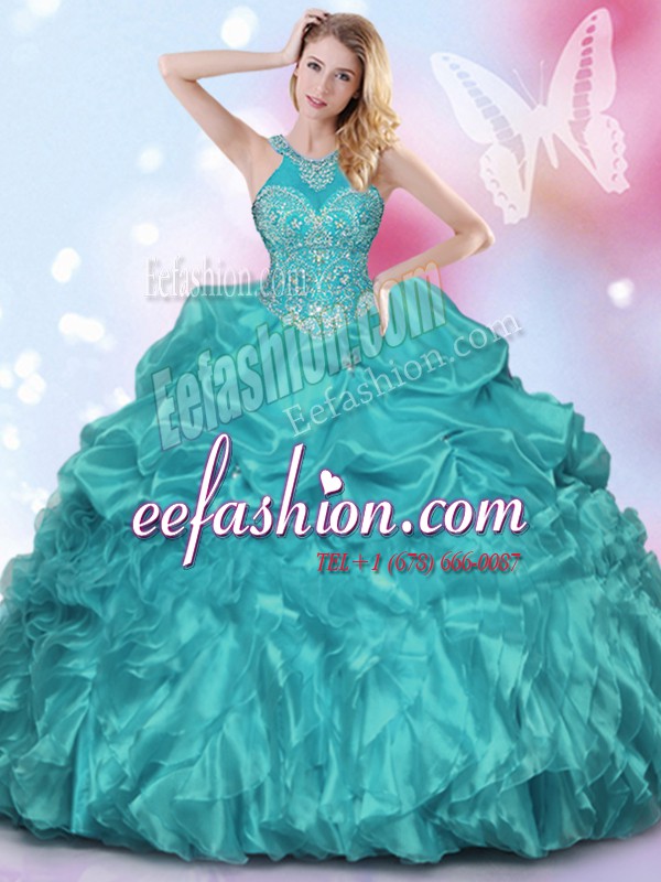 Trendy Halter Top Organza and Taffeta Sleeveless Floor Length Quinceanera Dress and Appliques and Ruffles and Pick Ups