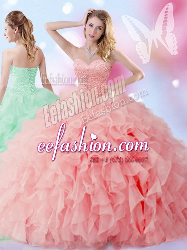 Luxury Floor Length Watermelon Red 15 Quinceanera Dress Sweetheart Sleeveless Lace Up