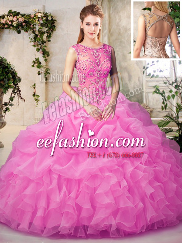 Spectacular Rose Pink Scoop Neckline Beading and Ruffles and Pick Ups Sweet 16 Dresses Sleeveless Lace Up