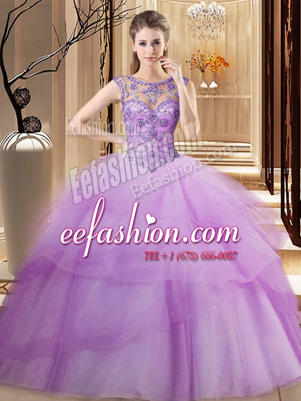  Lilac Tulle Lace Up Scoop Sleeveless Quinceanera Gowns Brush Train Beading and Ruffled Layers
