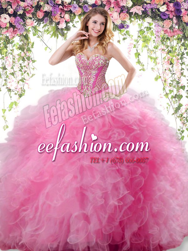 Sweetheart Sleeveless Lace Up Quinceanera Dresses Rose Pink Tulle