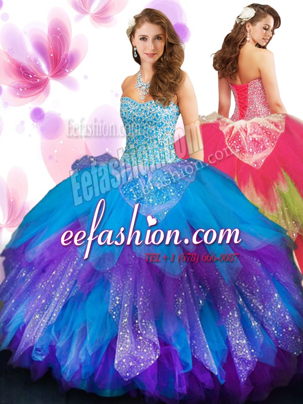 Beauteous Floor Length Multi-color Quinceanera Gowns Tulle Sleeveless Beading and Ruffled Layers