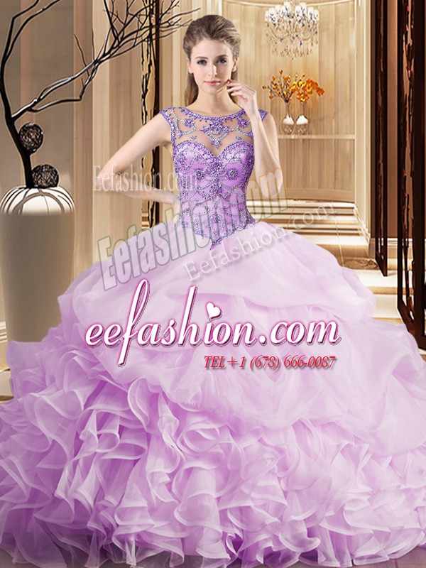 Admirable Scoop Lilac Sleeveless Brush Train Beading and Ruffles and Pick Ups Quinceanera Dresses