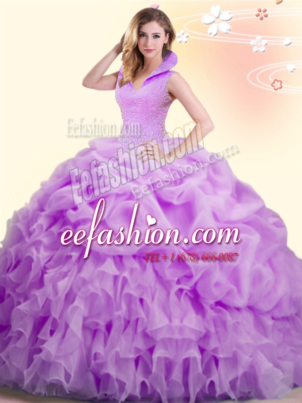 On Sale Lilac Organza Backless High-neck Sleeveless Floor Length Quinceanera Dress Beading and Appliques and Pick Ups