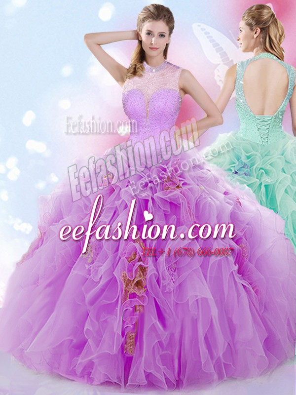  Halter Top Lilac Sleeveless Floor Length Beading and Ruffles Lace Up Sweet 16 Dress