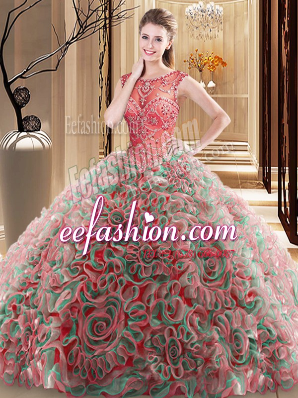Noble Multi-color Scoop Lace Up Beading 15th Birthday Dress Brush Train Sleeveless