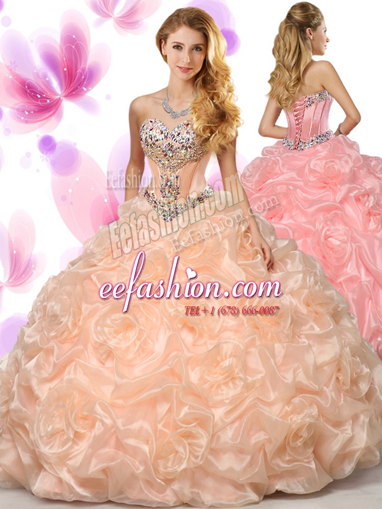  Pick Ups Peach Sleeveless Organza Lace Up Quinceanera Gowns for Military Ball and Sweet 16 and Quinceanera