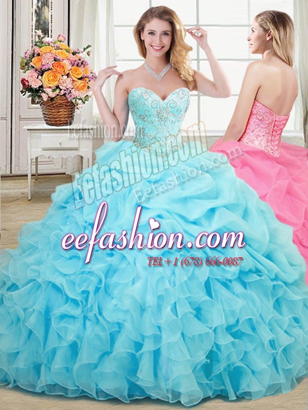 Custom Made Pick Ups Sweetheart Sleeveless Lace Up Ball Gown Prom Dress Aqua Blue Organza